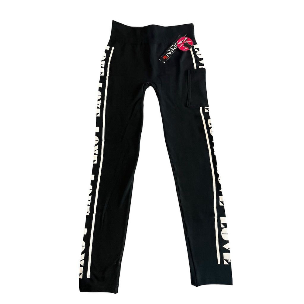 OPPA! Leggings Women's Size L Graphic Love Black Ankle Soft Knit Phone Pocket